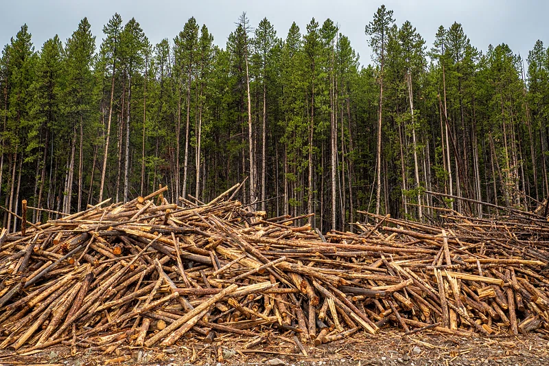 cut logs in front of a forest